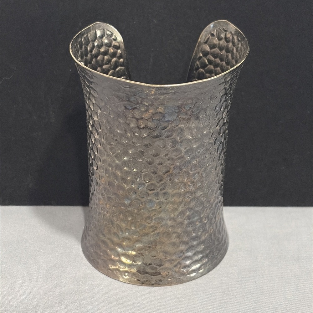 VTG Y2K Silver Statement Cuff Bracelet Set - Aldo Beaded & Hammered Flare Cuffs - Picture 6 of 12